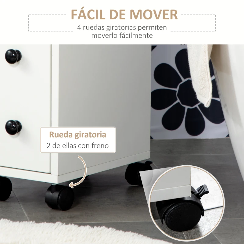 kleankin Armario de Baño con Ruedas Mueble Auxiliar para Baño con Estante Abierto Puerta y Cajón 18x30x68,5 cm Blanco