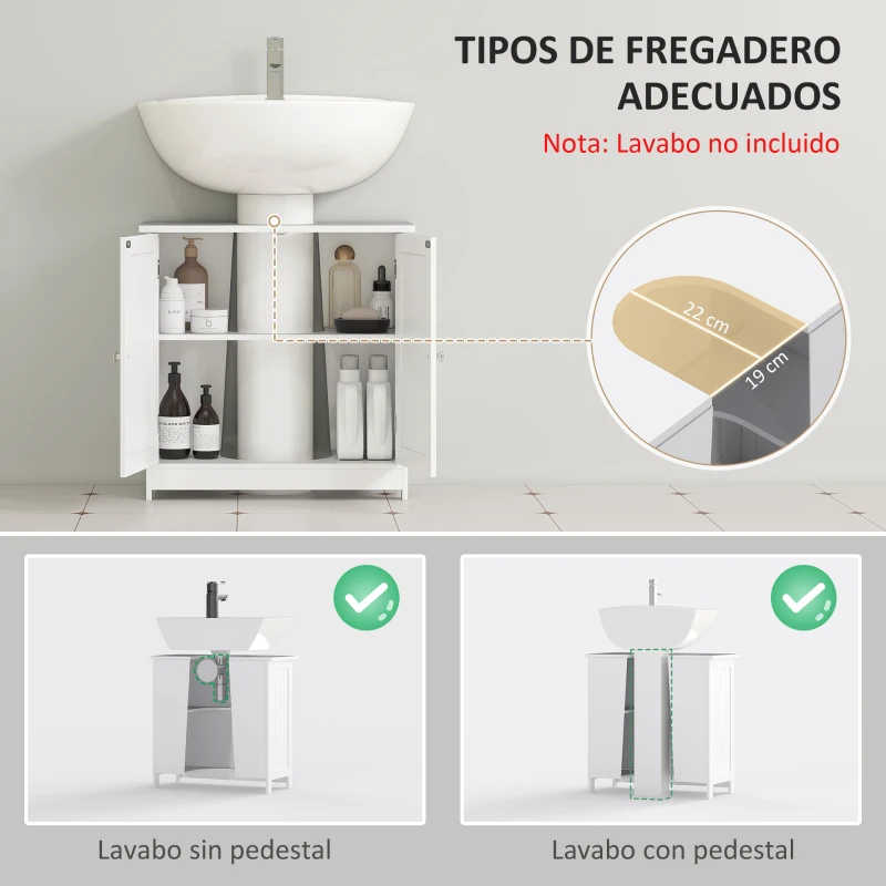 HOMCOM Mueble bajo Lavabo, Mueble de Baño con 2 Puertas y Estante Ajustable, Armario de Baño para Lavabo con o sin Pedestal, Estilo Moderno, 60x30x60 cm Blanco