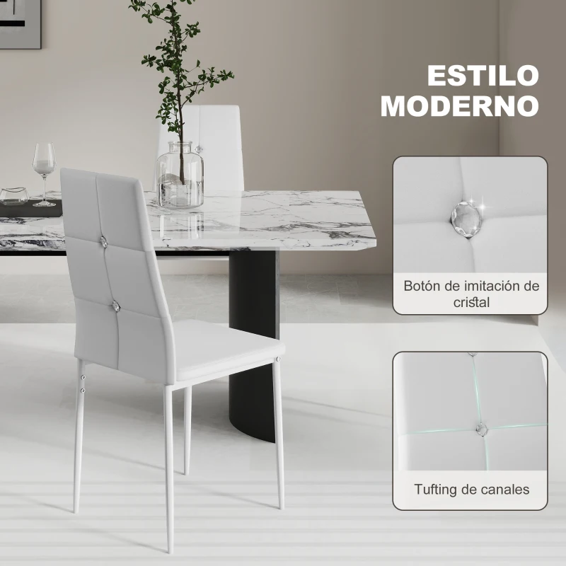 HOMCOM Juego de 6 Sillas de Comedor Tapizada en PU con Respaldo Alto con Botones y Patas de Acero Diseño Moderno Blanco
