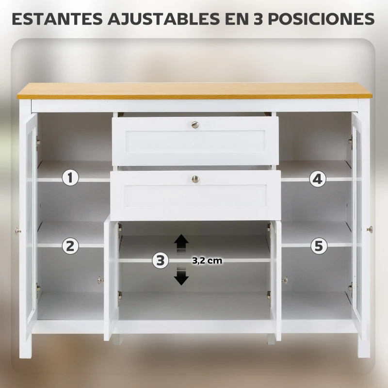 HOMCOM Aparador de Cocina con Armario 2 Cajones 2 Puertas de Vidrio y Estantes Ajustables Muebles Auxiliar de Almacenaje para Comedor Salón 120x40x90 cm Blanco