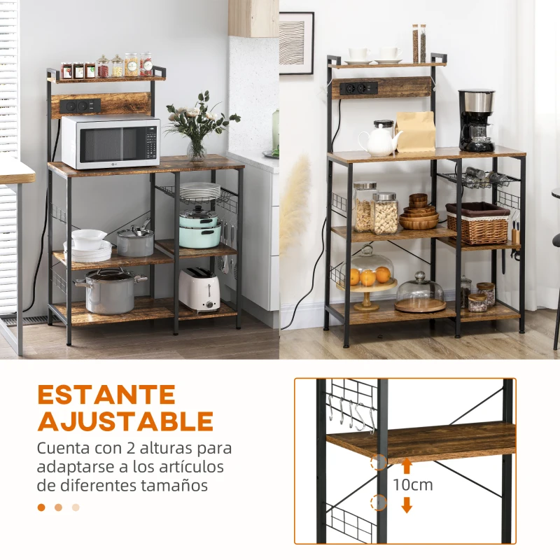 HOMCOM Estantería de Cocina para Microondas con Toma de Corriente Cargador USB 5 Ganchos 90x42x130 cm Marrón Rústico