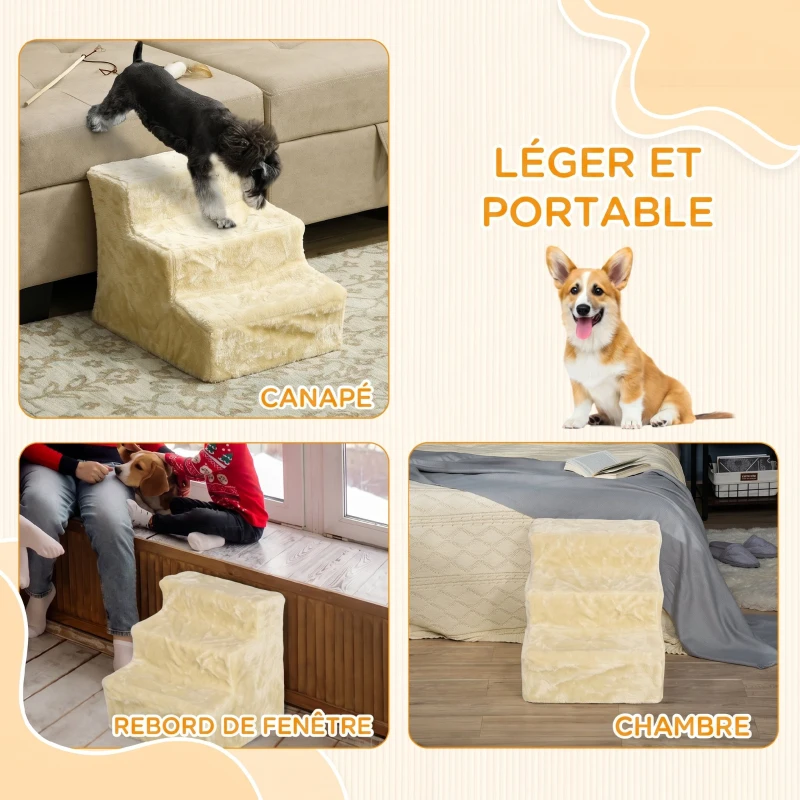 PawHut Escalier pour Chien à 3 Marches, Escalier pour Chat, Échelle Antidérapante pour Animaux, 46 x 35 x 35 cm, Beige