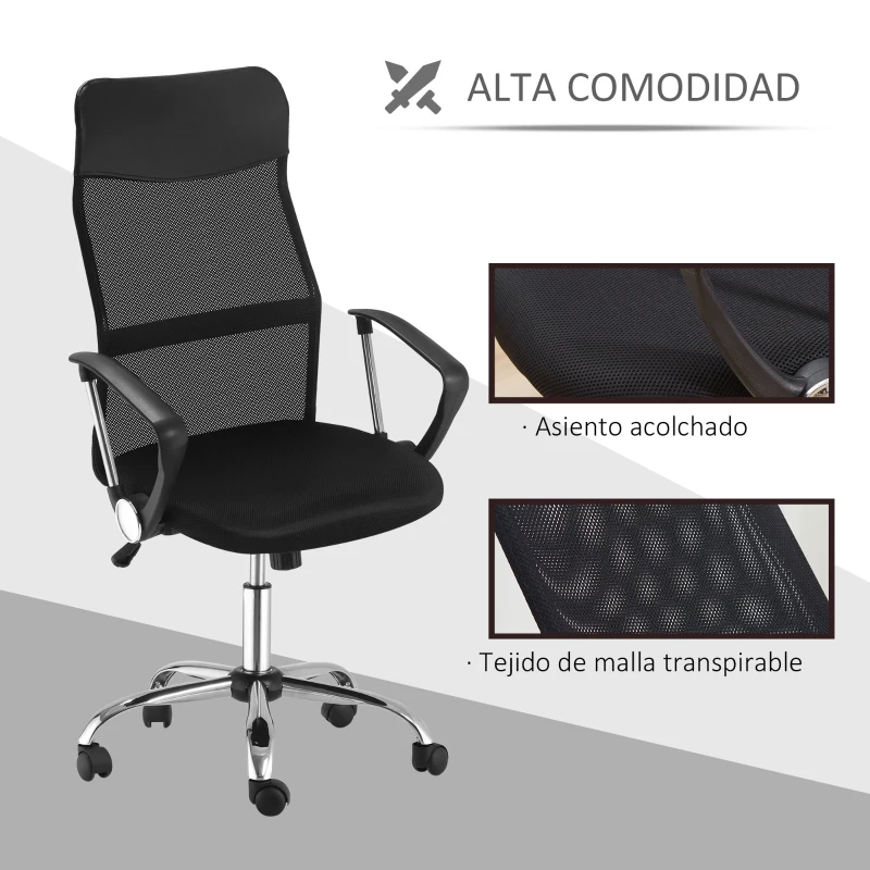 HOMCOM Silla de Oficina Giratoria Ergonómica Sillón de Escritorio de Malla con Ruedas de PVC Respaldo Alto Carga 120kg Negro