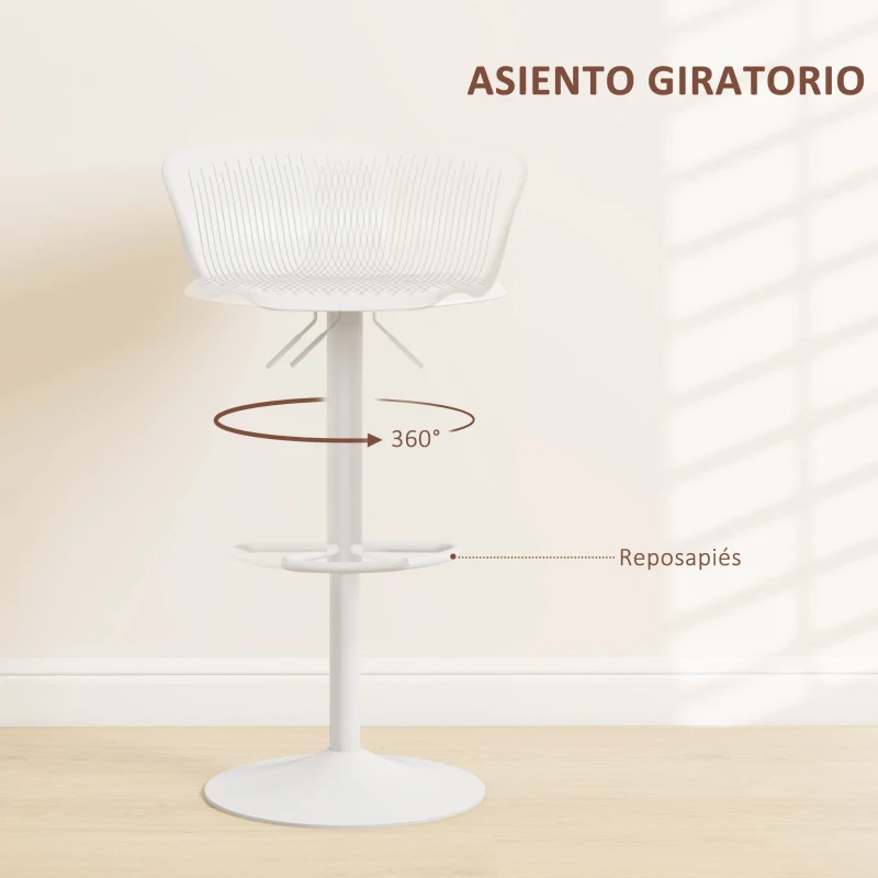 HOMCOM Conjunto de 2 Taburetes Altos de Cocina Giratorios con Respaldo y Altura Ajustable Carga 120 kg para Bar Salón Blanco