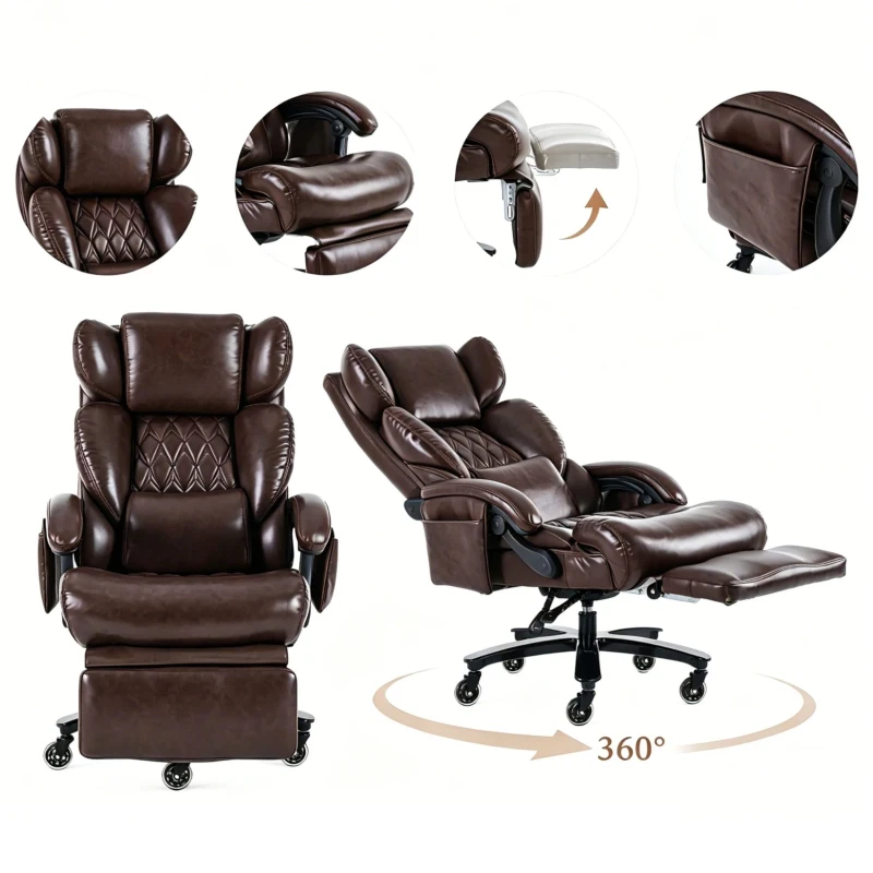 Fauteuil de direction avec fonction massage et chauffage, chaise de bureau ergonomique en simili cuir, repose-pieds extensible, 88 x 70 x 112,5 cm, Marron