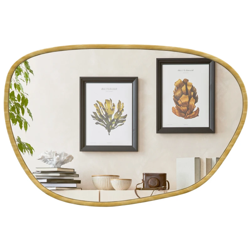 HOMCOM Miroir mural, miroir décoratif asymétrique 90x60cm en verre trempé pour salle de bain, chambre, salon, couloir, naturel