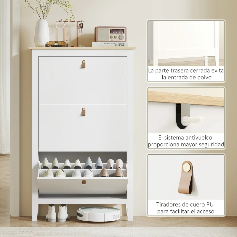 HOMCOM Zapatero Estrecho con 3 Compartimentos y Tiradores de Cuero PU para Pasillos y Recibidores 80x24x131 cm Blanco y Madera