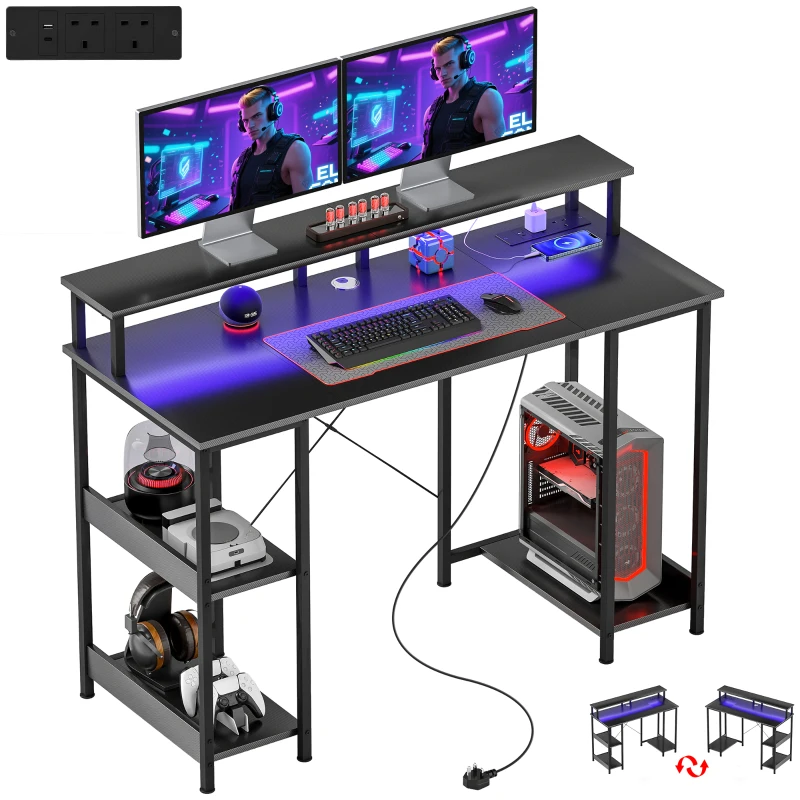 HOMCOM LED Computer Desk, with Power Outlets and Shelves - Carbon Fibre Grey