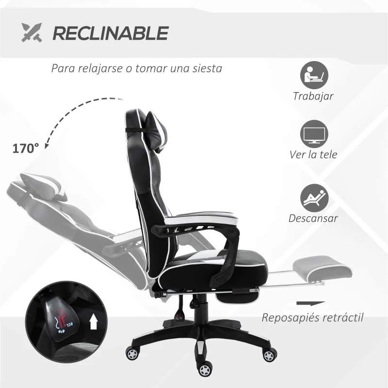 Vinsetto Silla Gaming Ergonómica Silla de Escritorio de Oficina Regulable en Altura Reclinable Respaldo con Reposapiés Reposacabezas Cojín Lumbar Ruedas 65x70x118,5-128,5 cm Blanco
