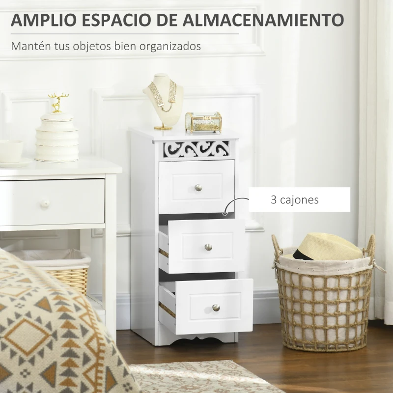 HOMCOM Armario de Almacenamiento Cajonera Blanca Cómoda con 3 Cajones para Cocina Comedor Salón Dormitorio 29,8x29,8x68,5 cm