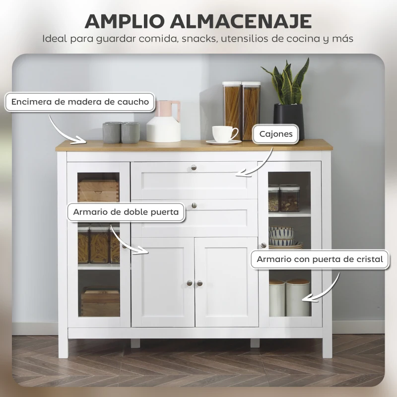 HOMCOM Aparador de Cocina con Armario 2 Cajones 2 Puertas de Vidrio y Estantes Ajustables Muebles Auxiliar de Almacenaje para Comedor Salón 120x40x90 cm Blanco