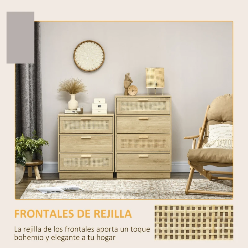 HOMCOM Cómoda con 3 Cajones de Rejilla de Ratán Cajonera de Madera para Dormitorio Estilo Cannage Bohemio 60x38x69 cm Natural