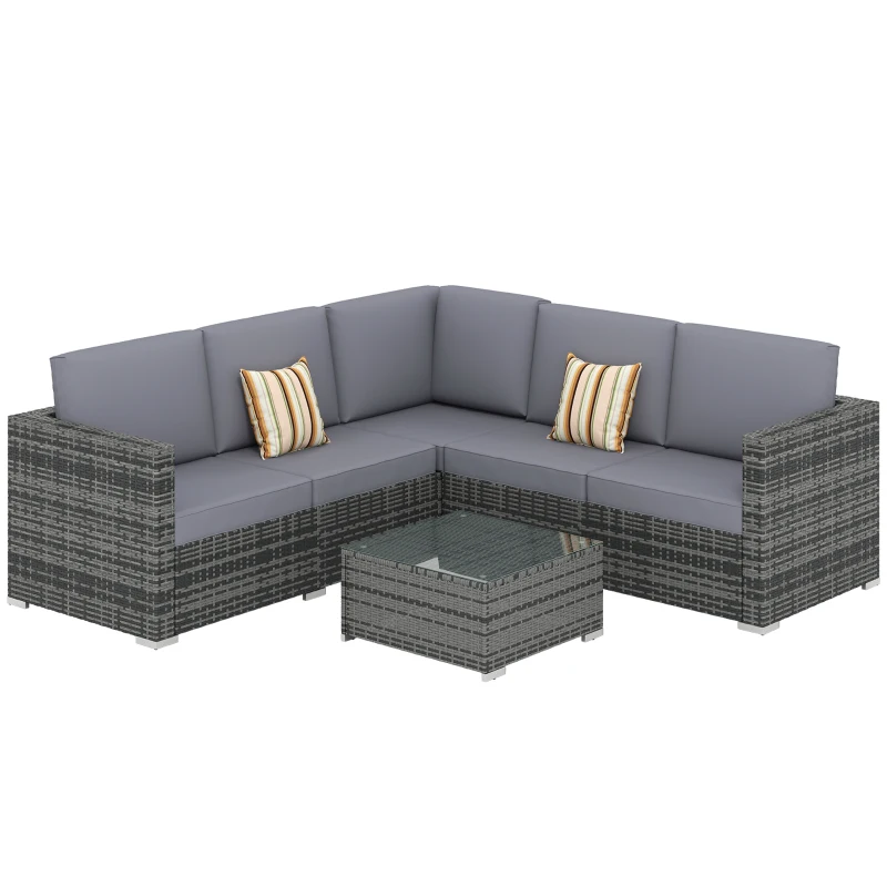 Outsunny 4 Pieces Rattan Garden Furniture Set, Wicker Outdoor Furniture Set with Corner Sofa Loveseat Coffee Table Cushions, Conservatory Furniture Set for Patio Balcony Poolside, Grey