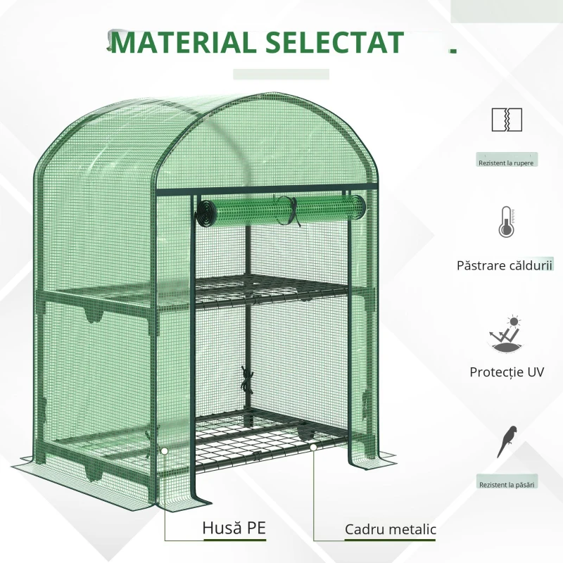 Outsunny Mini Seră de Grădină cu 2 Rafturi Metalice și Acoperiș PE, Seră Compactă pentru Balcon și Terasă, 69x49x91 cm, Verde