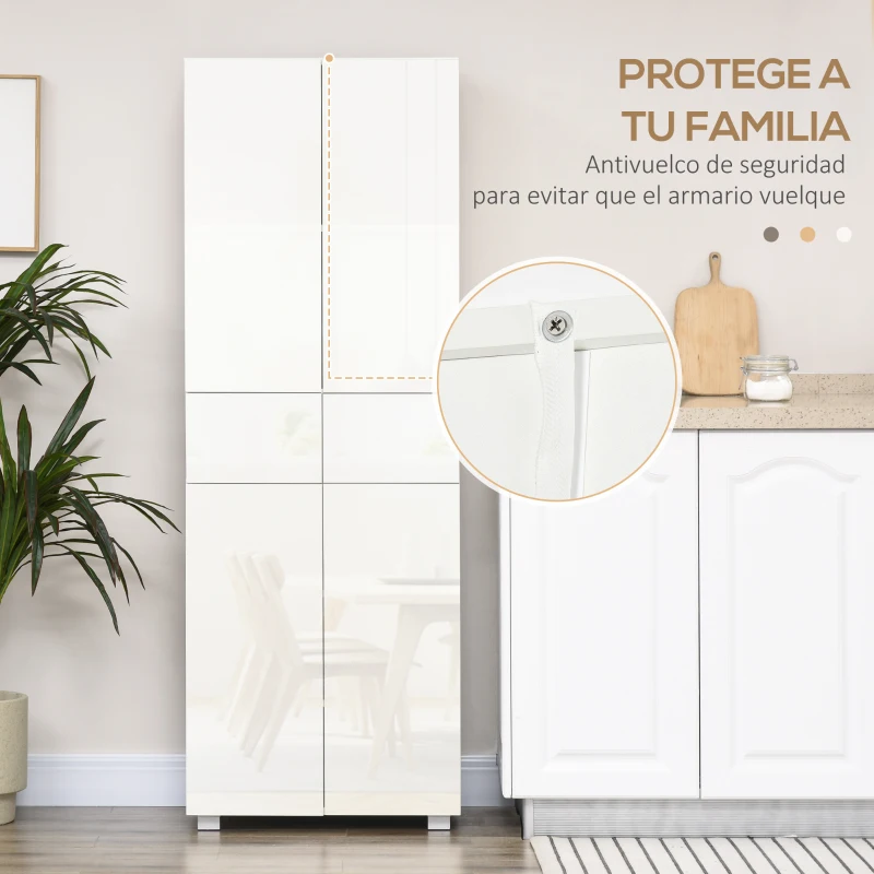 HOMCOM Aparador Alacena de Cocina Mueble Auxiliar con 4 Puertas 2 Cajones y Estantes Ajustables 60x35x170 cm Blanco