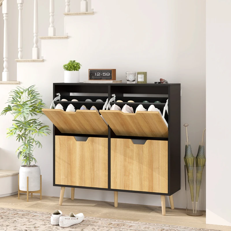 HOMCOM Zapatero Estrecho con 4 Cajones Abatibles y Estantes Ajustables para 16 Pares 95x26x95 cm Natural y Negro