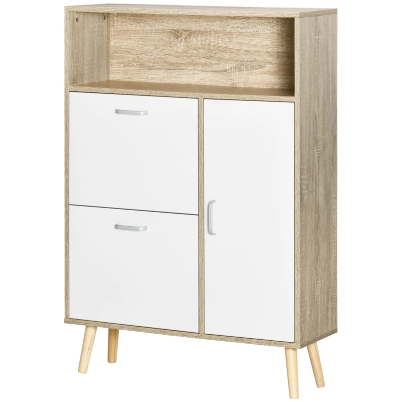 HOMCOM Mueble Zapatero para 8 Pares de Calzado con 2 Cajones Abatibles Armario y Balda 80x25,5x112,5 cm Natural y Blanco