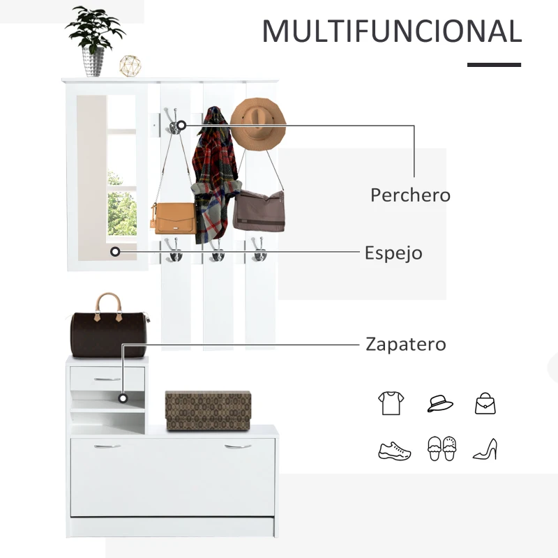 HOMCOM Recibidor de Entrada con Espejo Perchero y Zapatero Mueble de Recibidor de 2 Piezas con 6 Ganchos Estantes y Cajón Abatible para Pasillo Blanco