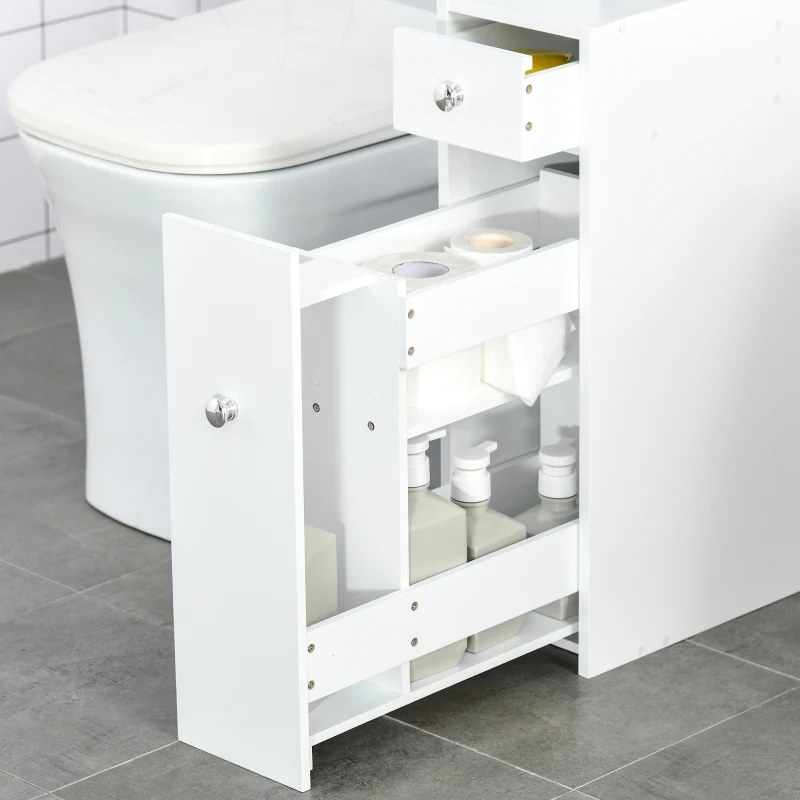 HOMCOM Mueble Auxiliar de Baño Estrecho con 2 Cajones y Compartimiento Superior con Tapa para Lavabo 17x48x58 cm Blanco