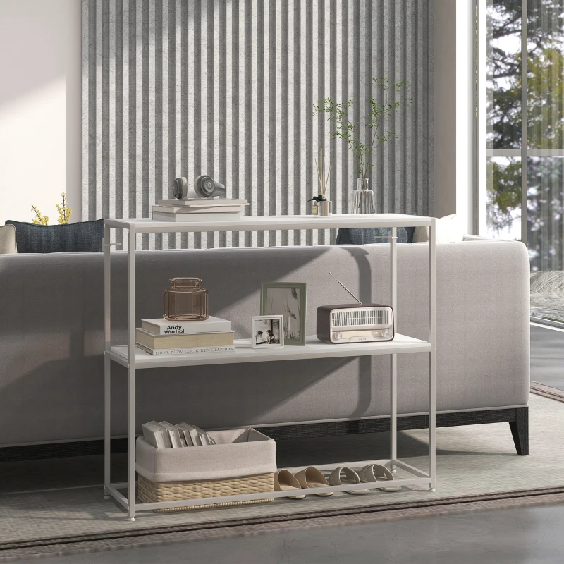 HOMCOM Mesa de Entrada con Estante Abierto y Estructura de Acero Antivuelco para Salón Pasillo 100x30x87 cm Blanco