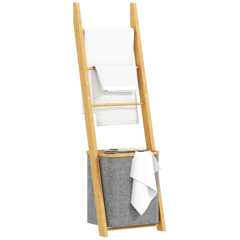 HOMCOM Estantería para Baño de Bambú Toallero de Pie con 3 Barras Cesto para Ropa Sucia Extraíble de 48 L Gris