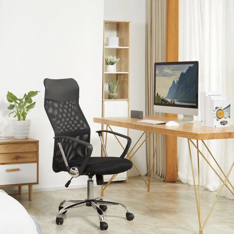 HOMCOM Silla de Oficina Giratoria Ergonómica Sillón de Escritorio de Malla con Ruedas de PVC Respaldo Alto Carga 120kg Negro