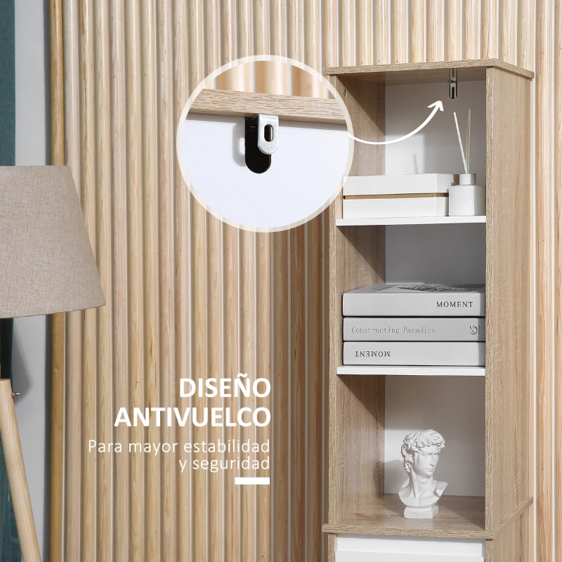 kleankin Armario Alto de Baño Mueble Columna de Baño con 1 Puerta Cajón y 3 Estantes Balda Ajustable para Cocina Salón 32,6x30x171,2 cm Madera Natural y Blanco