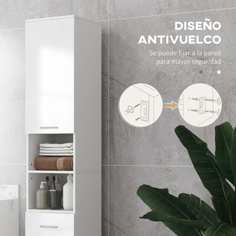kleankin Mueble Auxiliar Baño Moderno Armario de Baño con 1 Cajón 3 Estantes Ajustables y 2 Armarios 30x30x180cm Blanco Brillante
