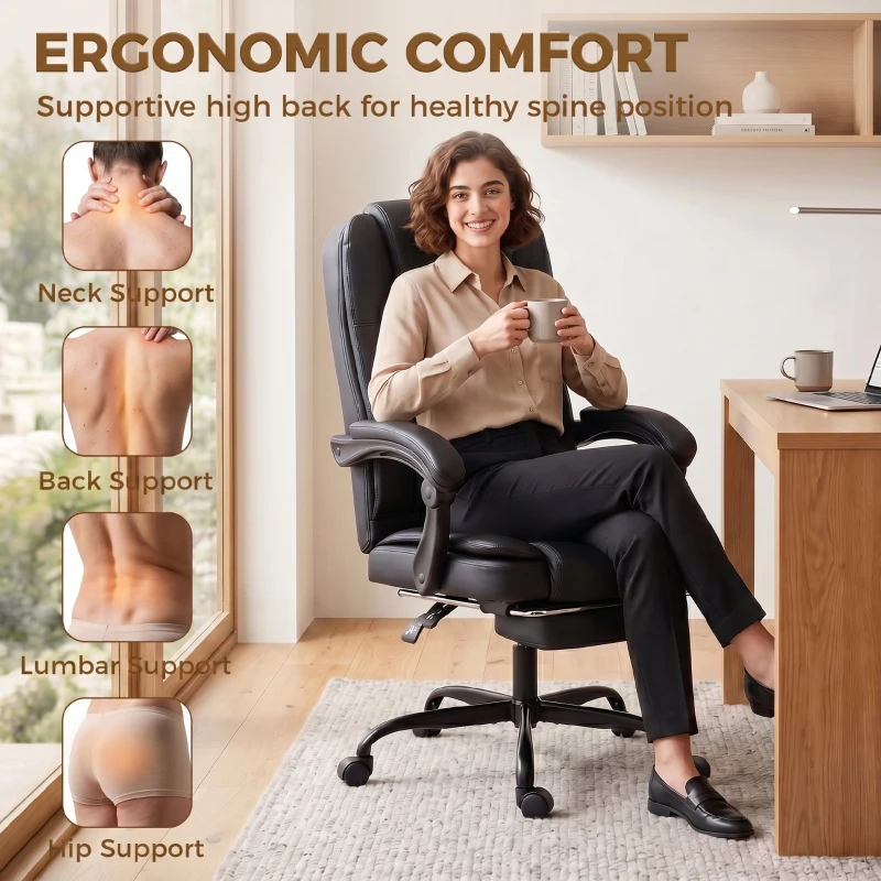 HOMCOM Chaise de bureau ergonomique, fauteuil de bureau inclinable en pu avec repose-pieds rétractable, hauteur réglable, noir
