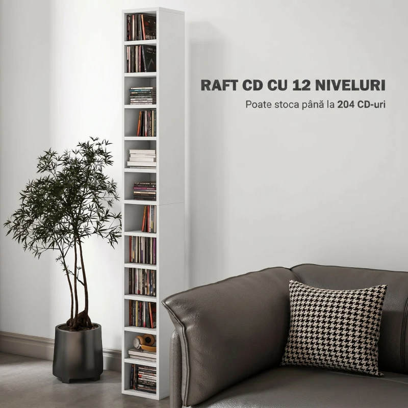 HOMCOM Raft Bibliotecă pentru CD-uri cu 12 rafturi, din MDF și panou aglomerat, 21x20x175 cm, Alb