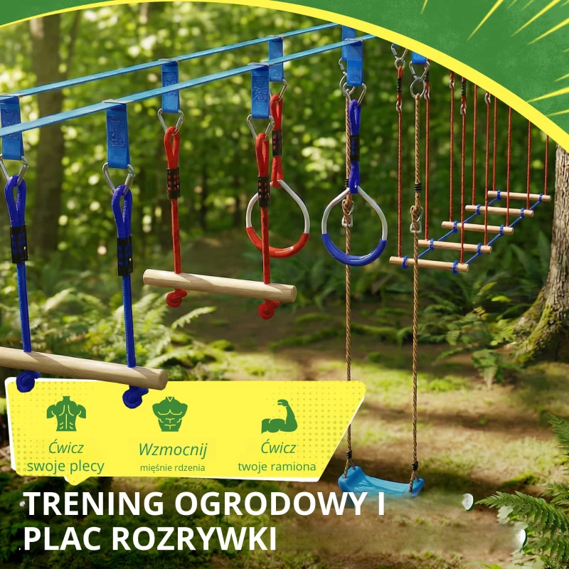 AIYAPLAY Ninja Line dla dzieci, zestaw 24 m Slackline z pierścieniami gimnastycznymi, 7 przeszkodami, mostem do balansowania, dla dzieci w wieku 3-6 lat, czerwony+niebieski