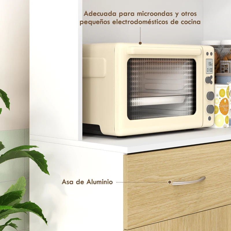 HOMCOM Mueble Auxiliar de Cocina con Puertas Cajón y Estantes Ajustables Antivuelco 80x40x180 cm Natural y Blanco