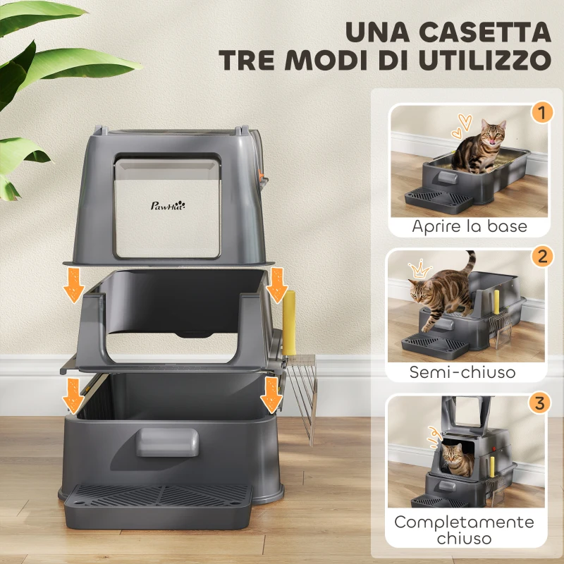 PawHut Lettiera per Gatti Chiusa da 80L con Vassoio Estraibile, in ABS e Acciaio Inox, 63x43x43 cm, Grigio Scuro