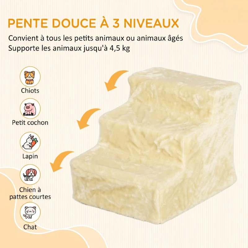 PawHut Escalier pour Chien à 3 Marches, Escalier pour Chat, Échelle Antidérapante pour Animaux, 46 x 35 x 35 cm, Beige