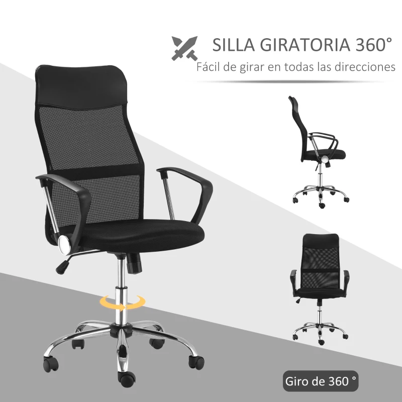 HOMCOM Silla de Oficina Giratoria Ergonómica Sillón de Escritorio de Malla con Ruedas de PVC Respaldo Alto Carga 120kg Negro