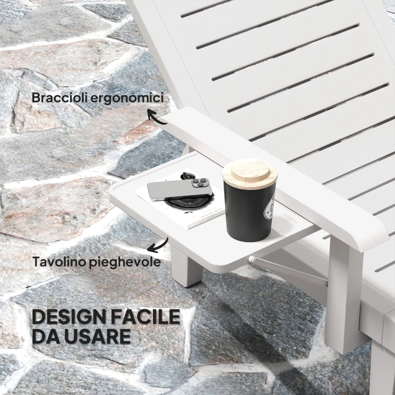 Outsunny Set 2 Sdraio da Giardino Regolabili con Tavolino e Braccioli, in Polipropilene, 79x158x88 cm, Bianco