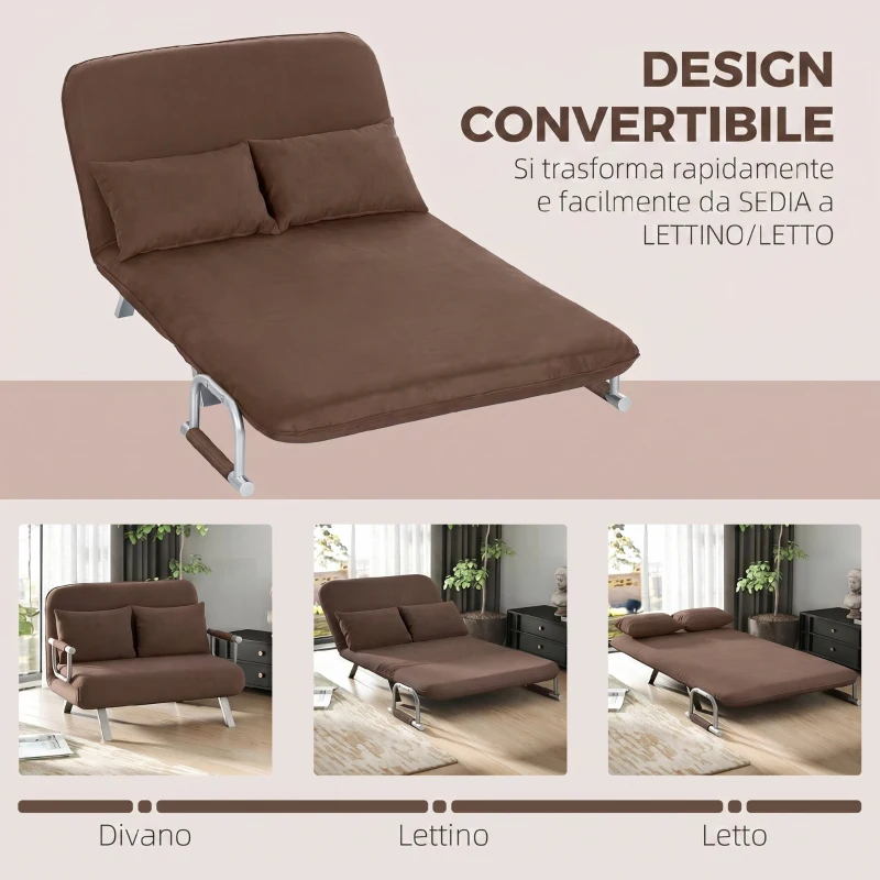 HOMCOM Divano Letto 2 Posti in Finta Pelle Scamosciata, Schienale Regolabile e 2 Cuscini, 111x80x78 cm, Marrone
