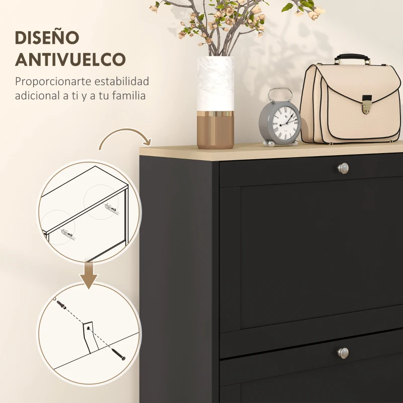 HOMCOM Mueble Zapatero Moderno con 3 Cajones Abatibles y Estantes Ajustables para 18 Pares de Zapatos 60x23,5x115 cm Negro