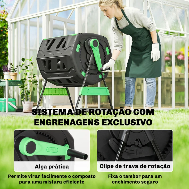 Outsunny Compostador Giratório 200L com Sistema de Ventilação e Base Metálica para Compostagem de Resíduos Orgânicos Verde