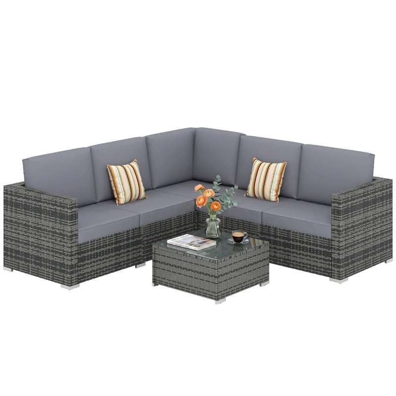 Outsunny 4 Pieces Rattan Garden Furniture Set, Wicker Outdoor Furniture Set with Corner Sofa Loveseat Coffee Table Cushions, Conservatory Furniture Set for Patio Balcony Poolside, Grey
