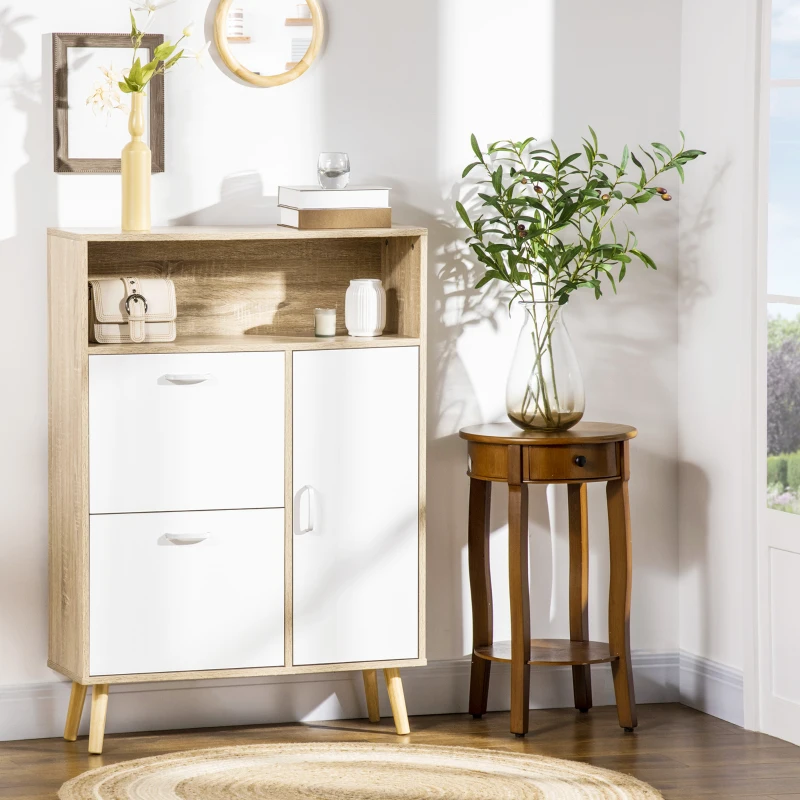 HOMCOM Mueble Zapatero para 8 Pares de Calzado con 2 Cajones Abatibles Armario y Balda 80x25,5x112,5 cm Natural y Blanco
