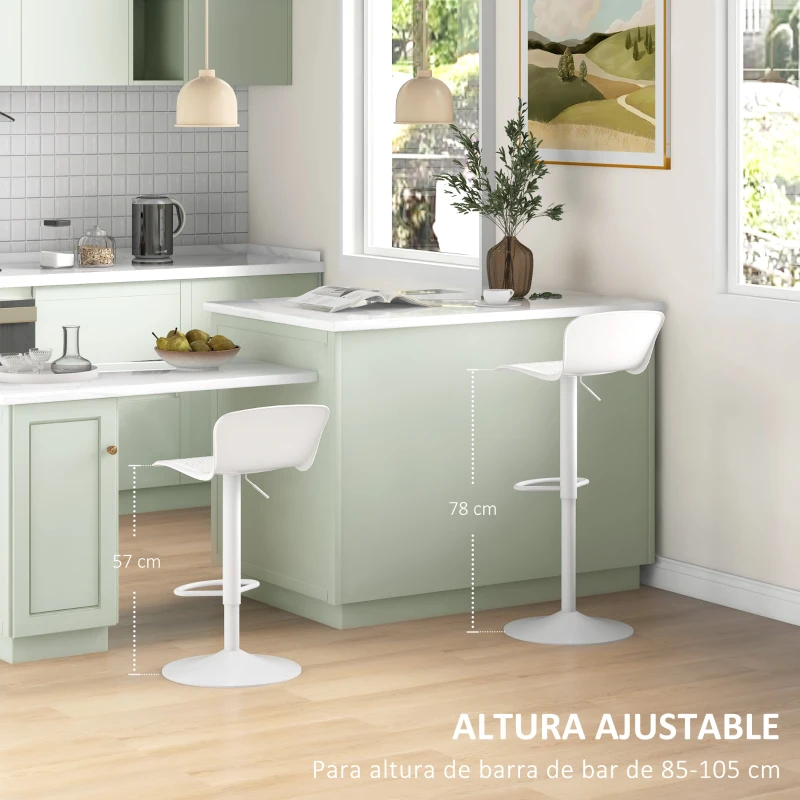 HOMCOM Conjunto de 2 Taburetes Altos de Cocina Giratorios con Respaldo y Altura Ajustable Carga 120 kg para Bar Salón Blanco
