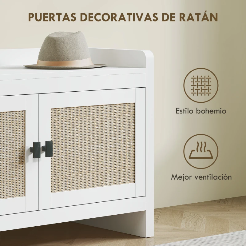 HOMCOM Banco Zapatero con Puertas Frentes de Ratán Balda Extraíble para Entrada o Dormitorio 80x35x52 cm Blanco y Beige