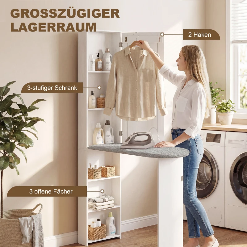 HOMCOM Faltbar Bügelbrettschrank mit Tür internen Regalen Spiegel Platzsparend Bügeltisch für Wäschepflege 106x35x174 cm Weiß