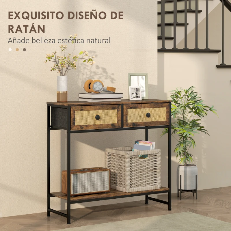 HOMCOM Mesa Consola con Estante Abierto y 2 Cajones Frontales de Ratán Consola para Recibidor 80x30x75 cm Marrón Rústico