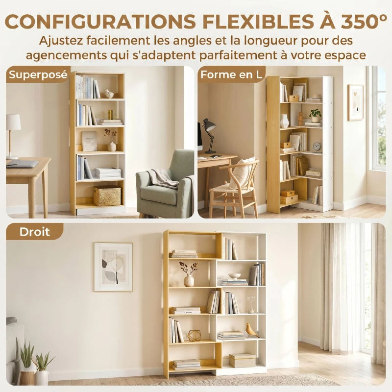 HOMCOM Bibliothèque d'angle rotative 350° à 5 niveaux, étagère de rangement extensible en forme L, 60-111x24x164cm, chêne