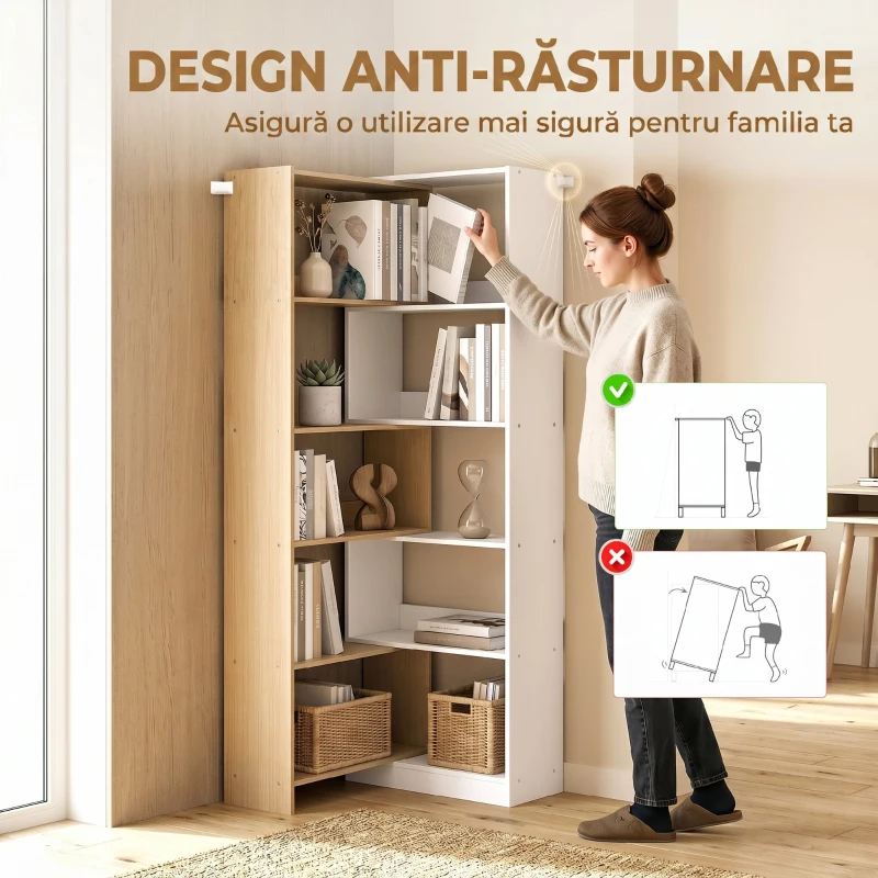 HOMCOM Bibliotecă de Colț cu 5 Polițe, Design Rotativ 350°, Lemn/Alb