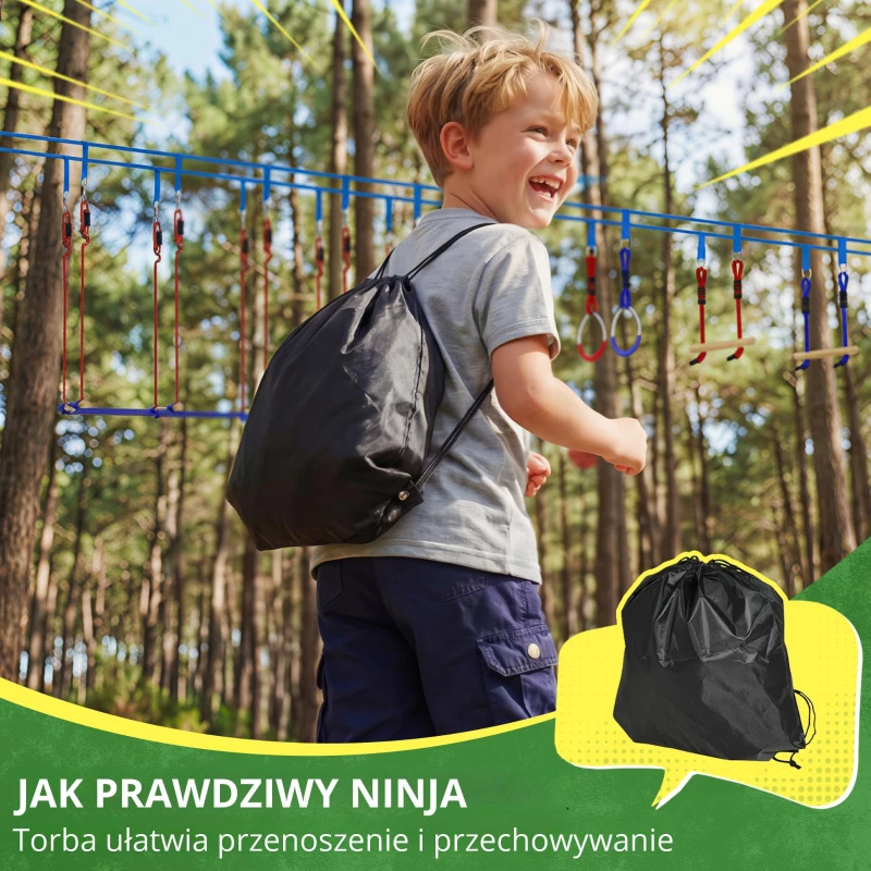 AIYAPLAY Ninja Line dla dzieci, zestaw 24 m Slackline z pierścieniami gimnastycznymi, 7 przeszkodami, mostem do balansowania, dla dzieci w wieku 3-6 lat, czerwony+niebieski