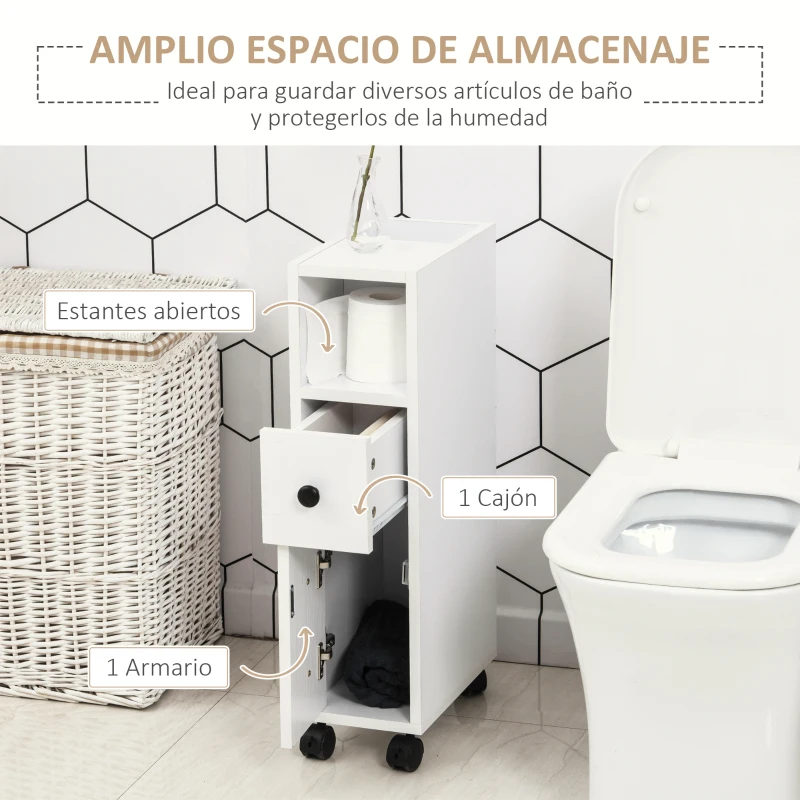 kleankin Armario de Baño con Ruedas Mueble Auxiliar para Baño con Estante Abierto Puerta y Cajón 18x30x68,5 cm Blanco