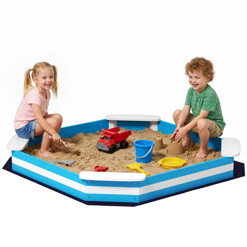 AIYAPLAY Arenero Infantil de Madera con 4 Asientos Diseño de Rayas y Base Protectora para Jardín 133x133x16 cm Azul y Blanco